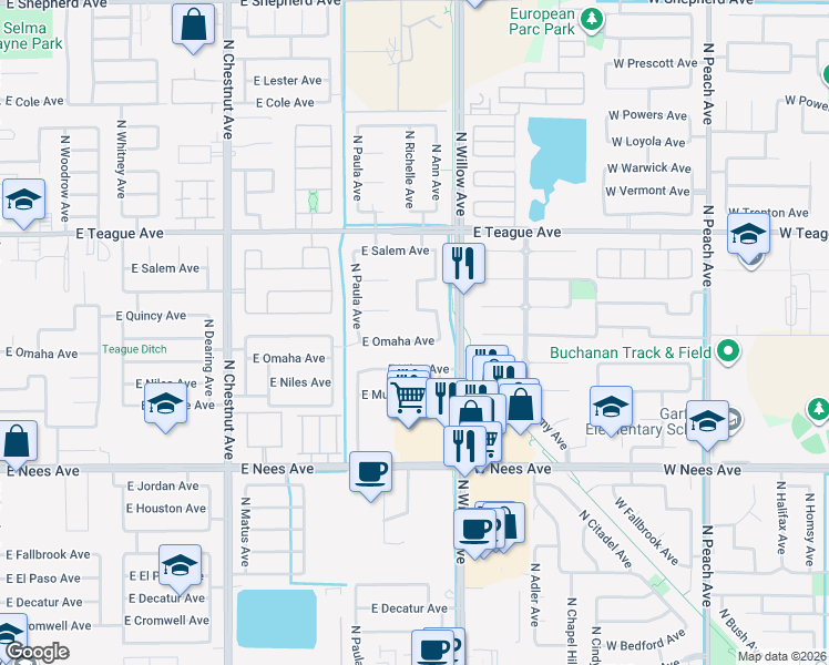 map of restaurants, bars, coffee shops, grocery stores, and more near 2914 East Omaha Avenue in Fresno