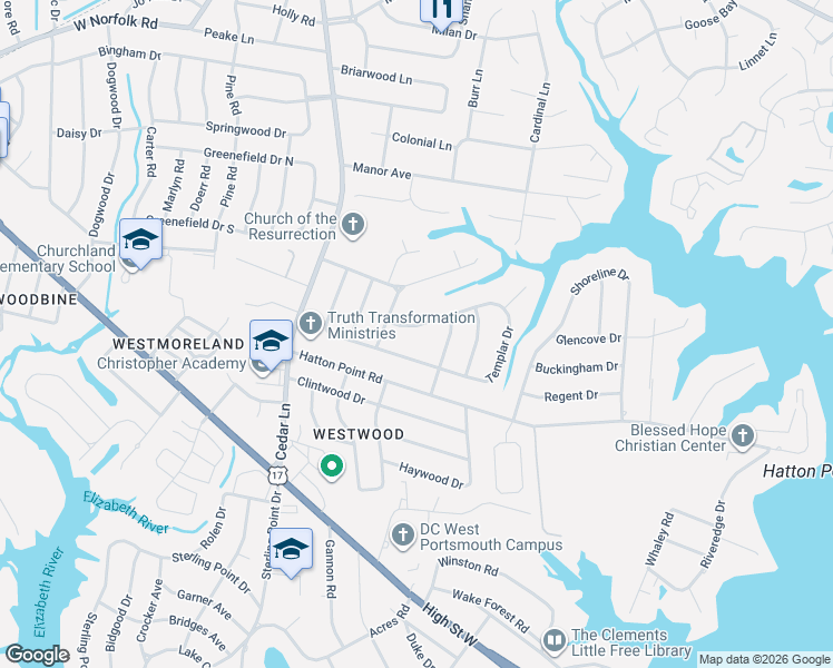 map of restaurants, bars, coffee shops, grocery stores, and more near 4812 Templar Drive in Portsmouth