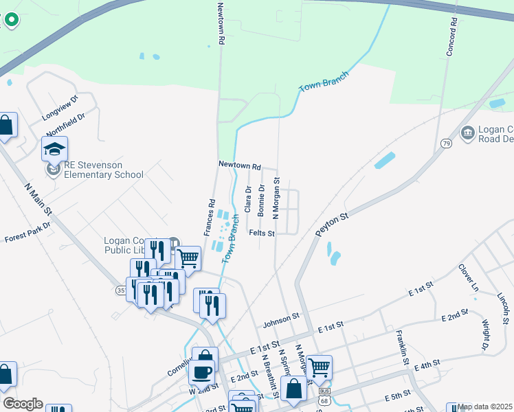 map of restaurants, bars, coffee shops, grocery stores, and more near 631 Bonnie Drive in Russellville