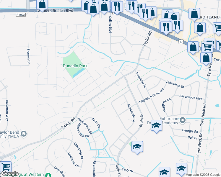 map of restaurants, bars, coffee shops, grocery stores, and more near 4261 Taylor Road in Chesapeake