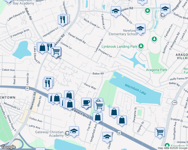 map of restaurants, bars, coffee shops, grocery stores, and more near 5525 Maple Cluster Court in Virginia Beach