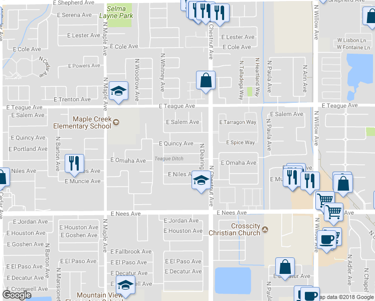 map of restaurants, bars, coffee shops, grocery stores, and more near 2360 East Portland Avenue in Fresno