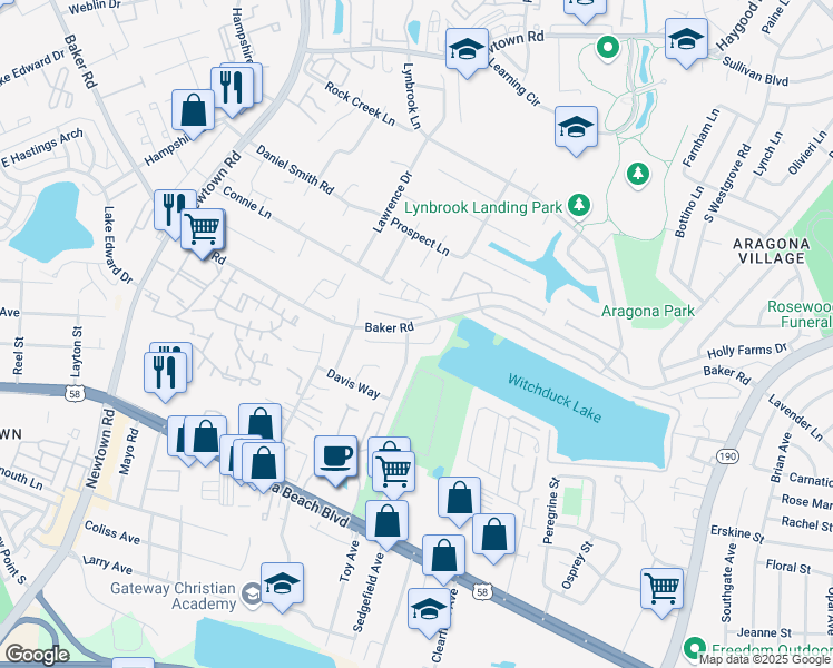 map of restaurants, bars, coffee shops, grocery stores, and more near 5417 Trumpet Vine Court in Virginia Beach
