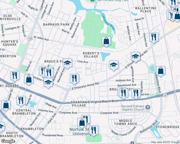 map of restaurants, bars, coffee shops, grocery stores, and more near 1315 Kenton Avenue in Norfolk