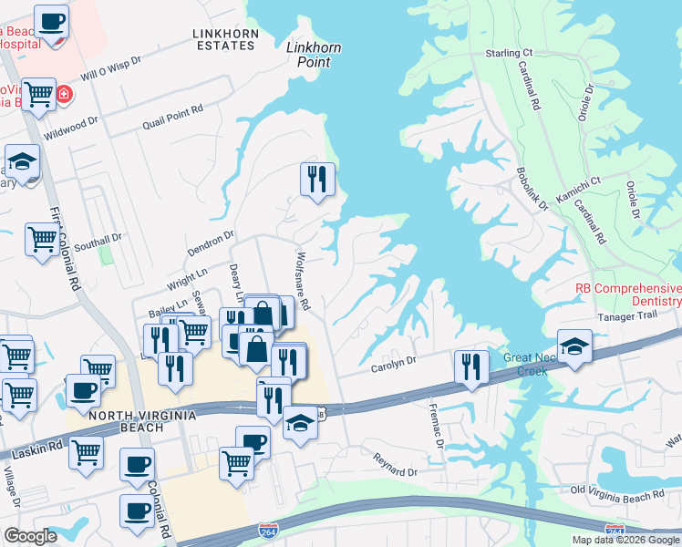 map of restaurants, bars, coffee shops, grocery stores, and more near 901 Winwood Drive in Virginia Beach