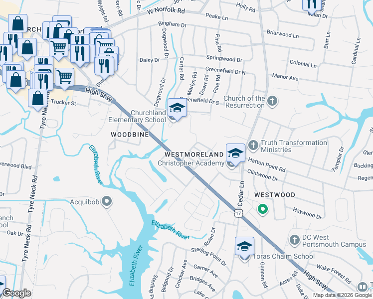 map of restaurants, bars, coffee shops, grocery stores, and more near 3336 Clover Hill Drive in Portsmouth