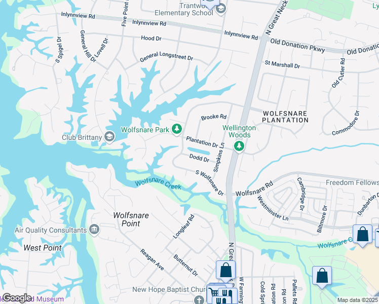 map of restaurants, bars, coffee shops, grocery stores, and more near 2332 Dodd Drive in Virginia Beach