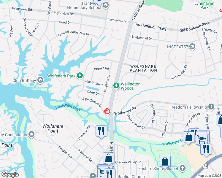 map of restaurants, bars, coffee shops, grocery stores, and more near 2301 Plantation Drive in Virginia Beach