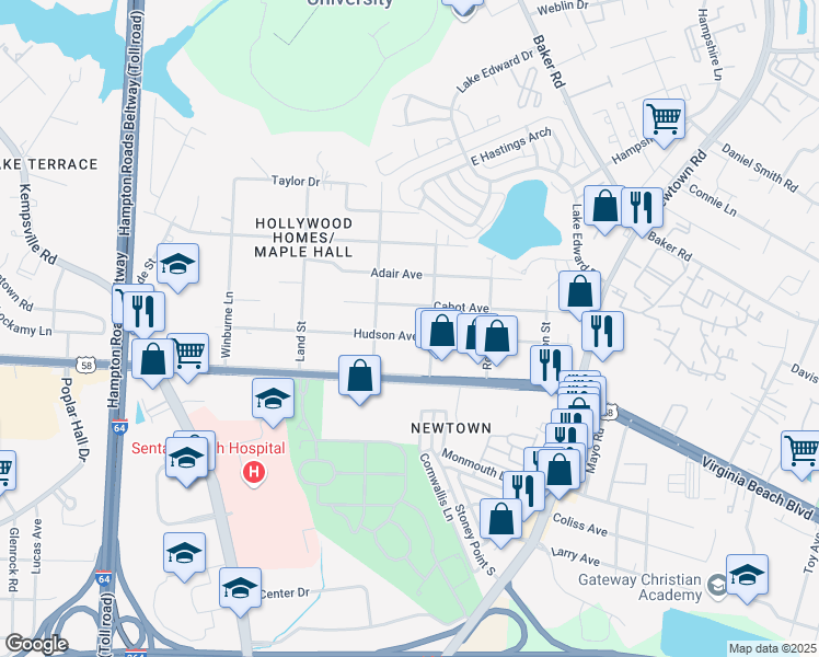 map of restaurants, bars, coffee shops, grocery stores, and more near 6428 Hudson Avenue in Norfolk