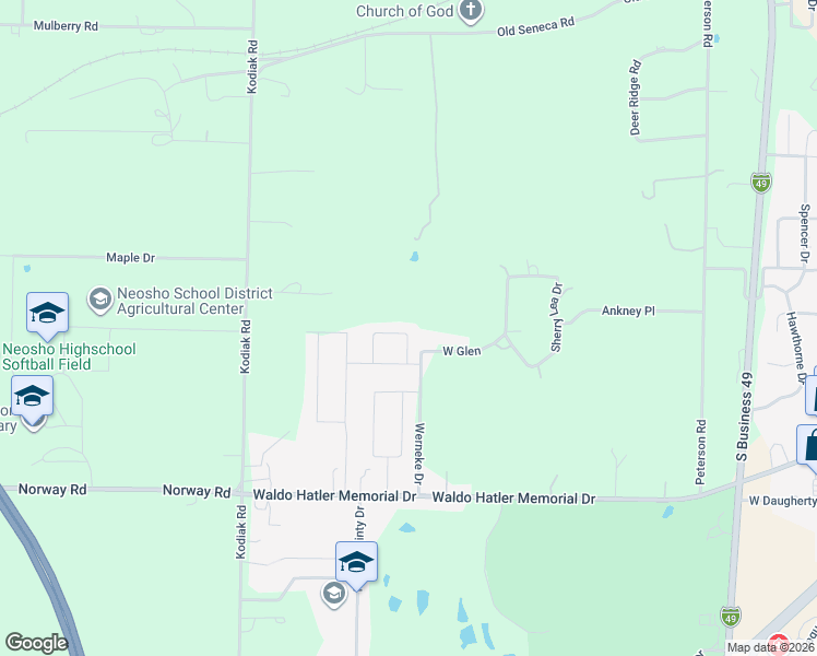 map of restaurants, bars, coffee shops, grocery stores, and more near 2100 Timbercrest Drive in Neosho