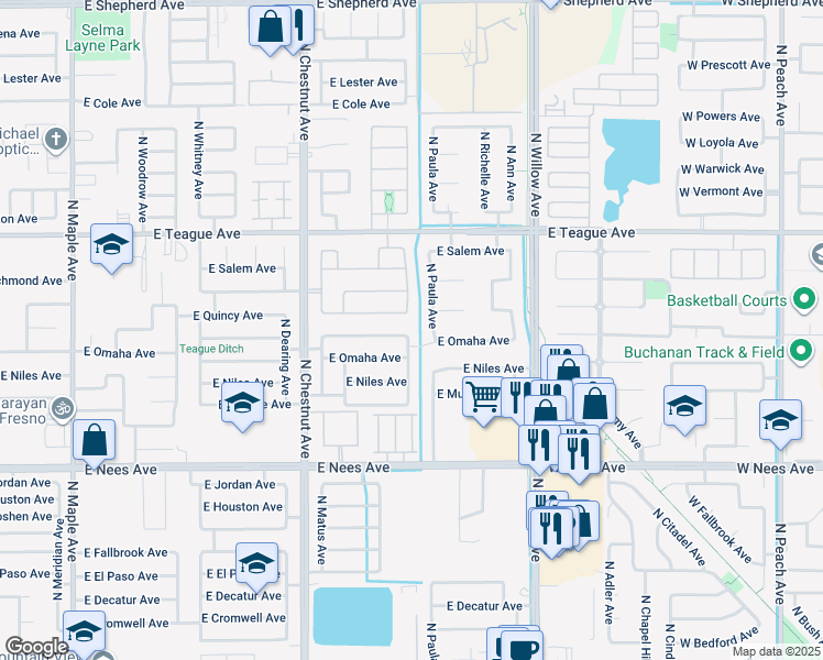 map of restaurants, bars, coffee shops, grocery stores, and more near 2728 East Portland Avenue in Fresno