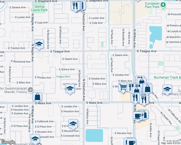 map of restaurants, bars, coffee shops, grocery stores, and more near 2560 East Portland Avenue in Fresno