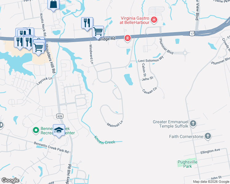 map of restaurants, bars, coffee shops, grocery stores, and more near 7007 Porthole Place in Suffolk