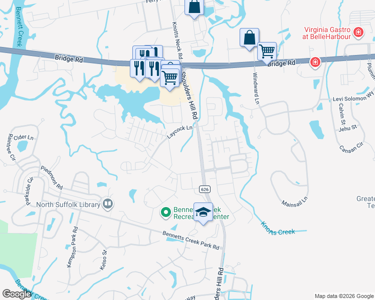 map of restaurants, bars, coffee shops, grocery stores, and more near 5551 Shoulders Hill Road in Suffolk