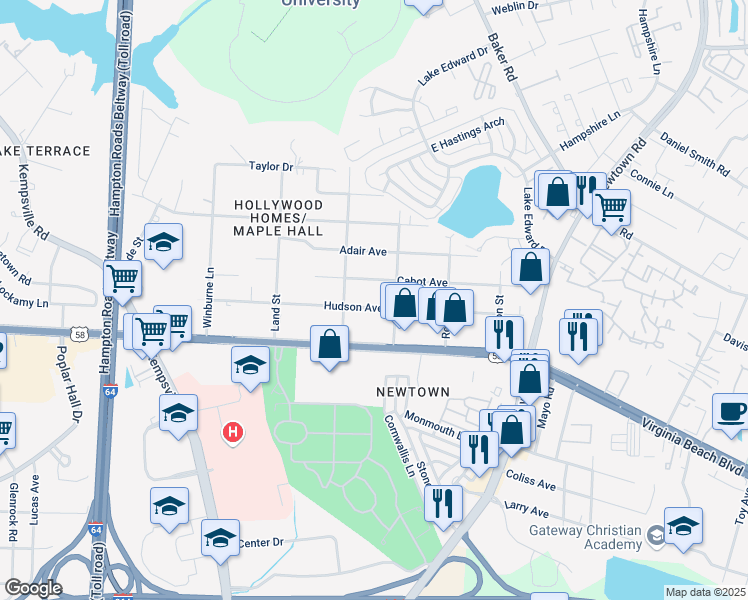 map of restaurants, bars, coffee shops, grocery stores, and more near 6428 Hudson Avenue in Norfolk