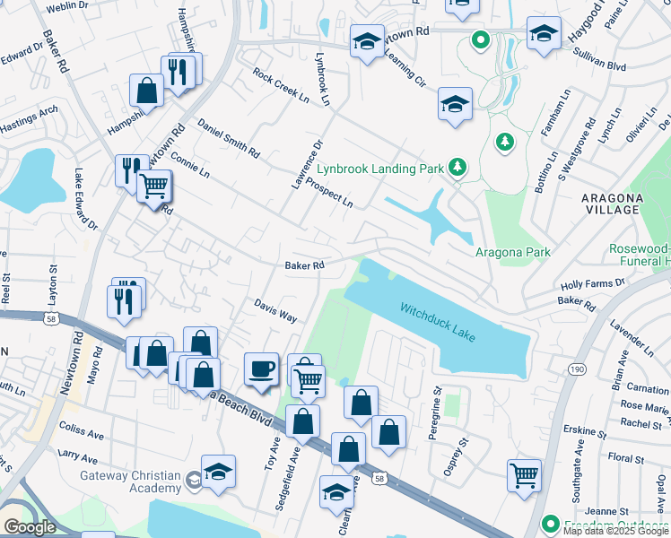 map of restaurants, bars, coffee shops, grocery stores, and more near 5421 Trumpet Vine Court in Virginia Beach