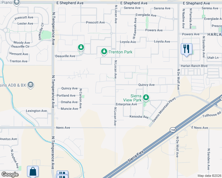 map of restaurants, bars, coffee shops, grocery stores, and more near 2952 Quincy Avenue in Clovis