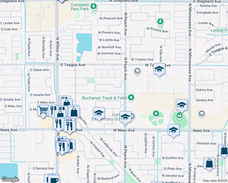 map of restaurants, bars, coffee shops, grocery stores, and more near 493 West Omaha Avenue in Clovis