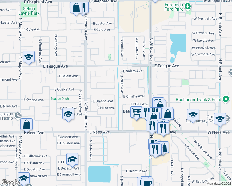 map of restaurants, bars, coffee shops, grocery stores, and more near 2728 East Portland Avenue in Fresno