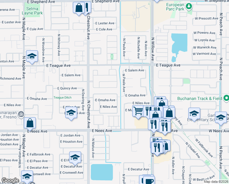 map of restaurants, bars, coffee shops, grocery stores, and more near 2728 East Portland Avenue in Fresno