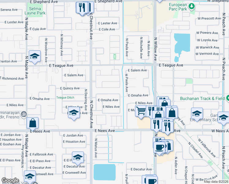 map of restaurants, bars, coffee shops, grocery stores, and more near 2656 East Portland Avenue in Fresno