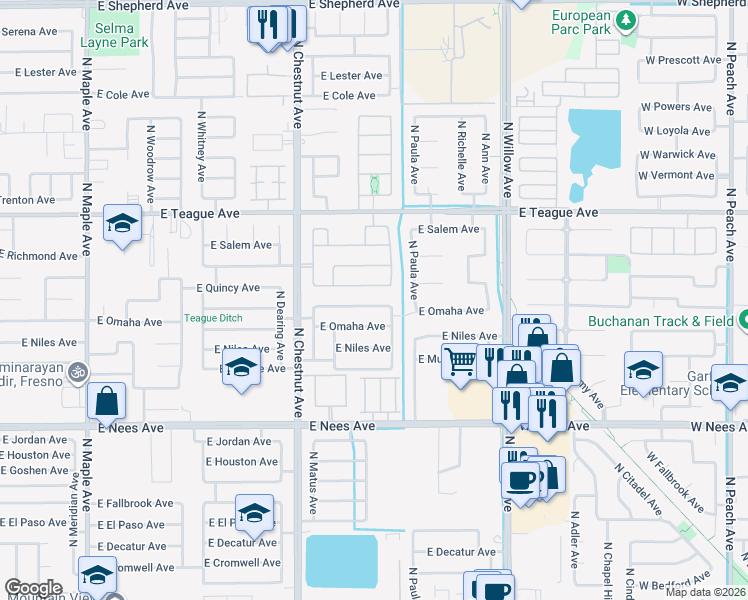 map of restaurants, bars, coffee shops, grocery stores, and more near 2656 East Portland Avenue in Fresno