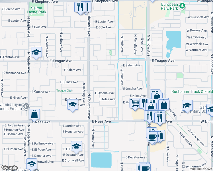 map of restaurants, bars, coffee shops, grocery stores, and more near 2656 East Portland Avenue in Fresno