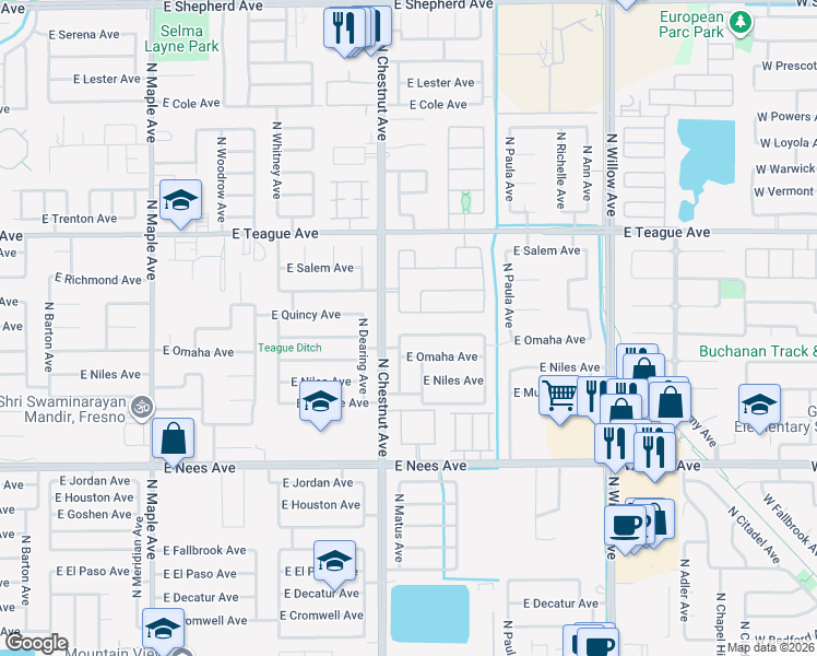 map of restaurants, bars, coffee shops, grocery stores, and more near 2560 East Portland Avenue in Fresno