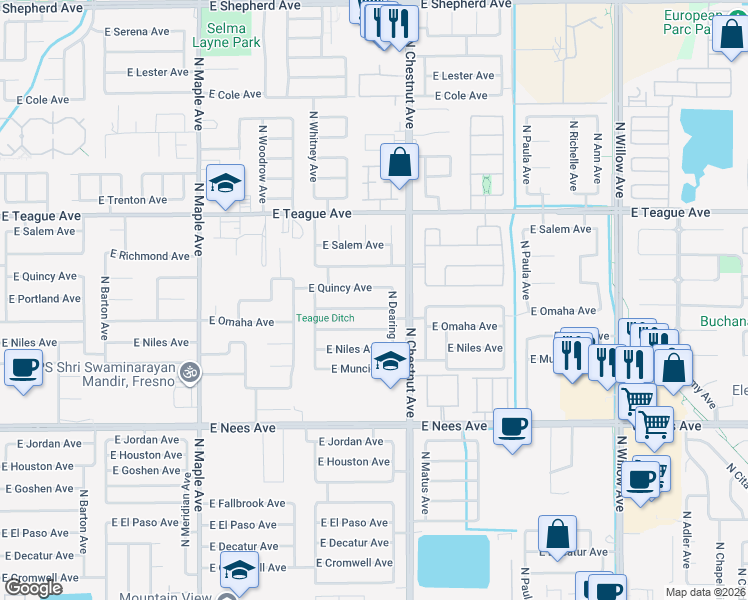 map of restaurants, bars, coffee shops, grocery stores, and more near 2373 East Quincy Avenue in Fresno