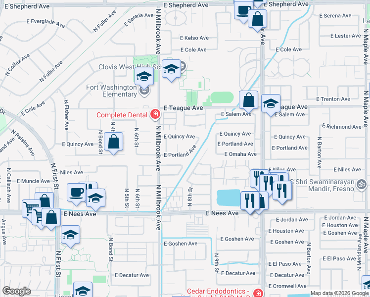 map of restaurants, bars, coffee shops, grocery stores, and more near 1158 East Portland Avenue in Fresno