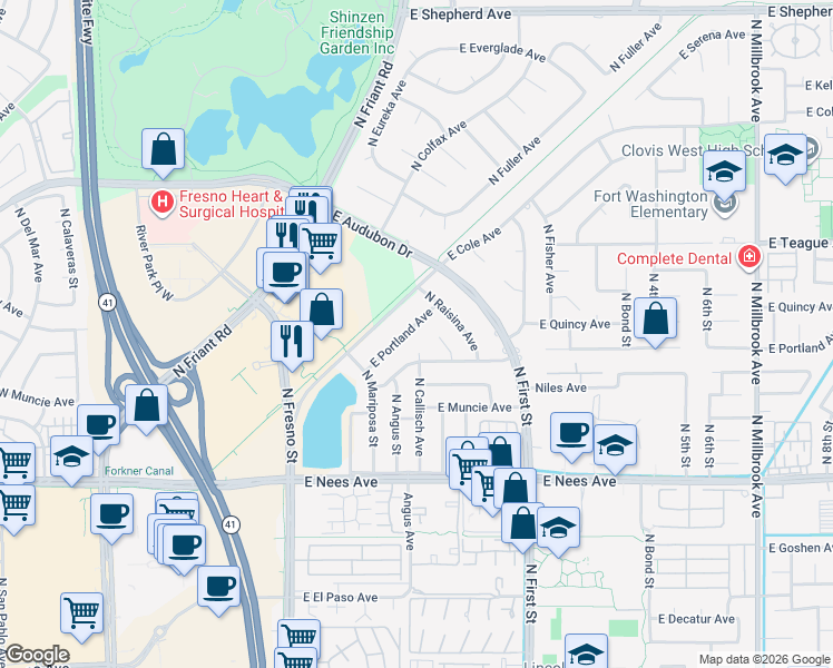 map of restaurants, bars, coffee shops, grocery stores, and more near 234 East Portland Avenue in Fresno