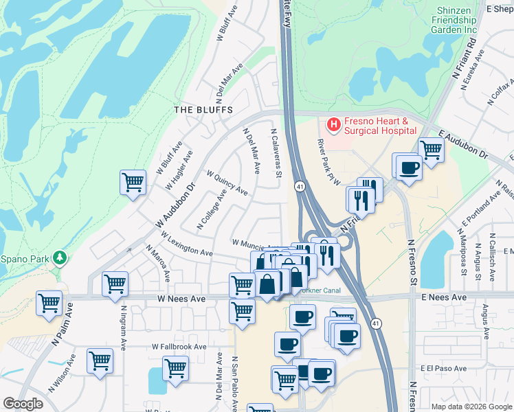 map of restaurants, bars, coffee shops, grocery stores, and more near 185 West Portland Avenue in Fresno