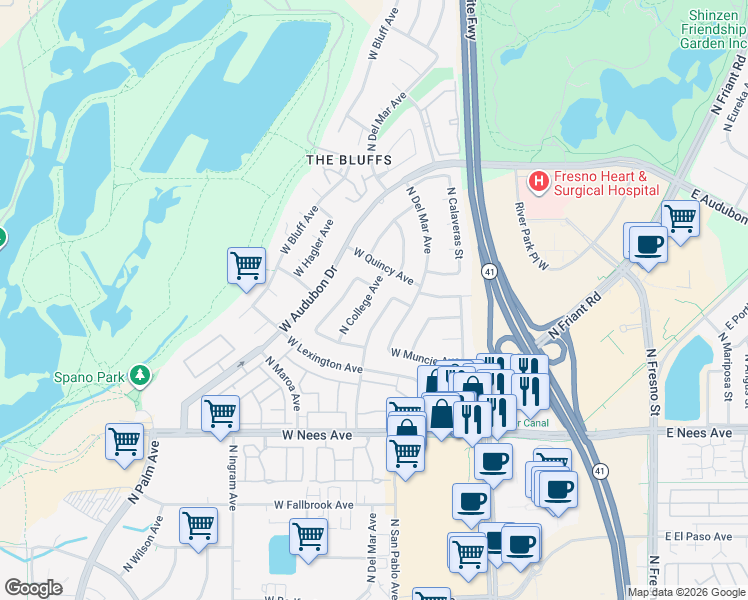 map of restaurants, bars, coffee shops, grocery stores, and more near 8282 North College Avenue in Fresno