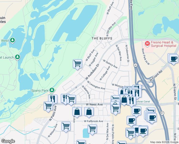 map of restaurants, bars, coffee shops, grocery stores, and more near 400 West Audubon Drive in Fresno