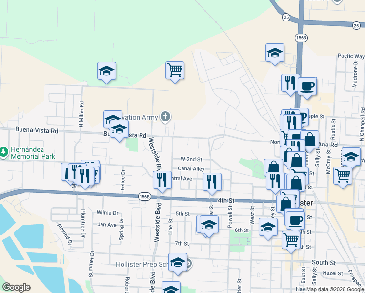 map of restaurants, bars, coffee shops, grocery stores, and more near 20 Almond Court in Hollister