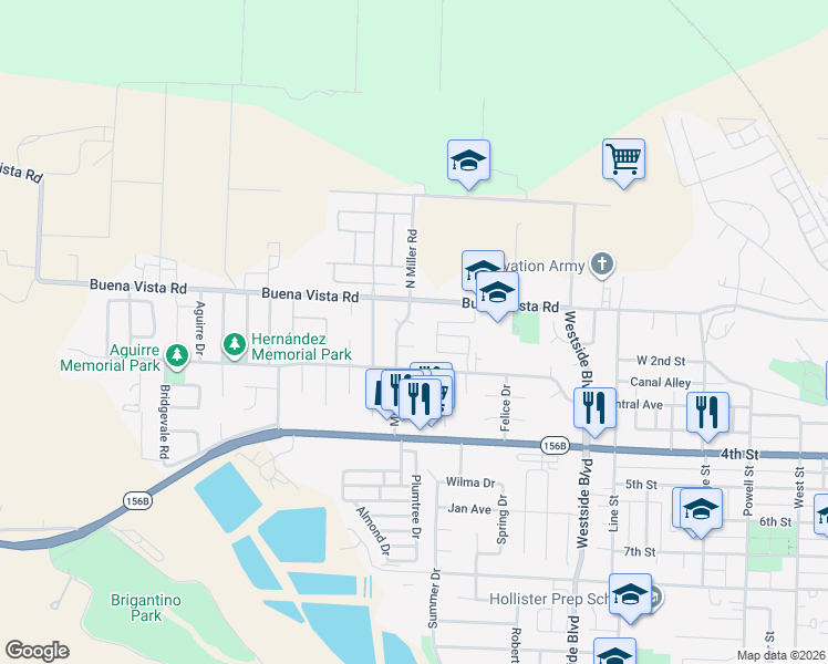 map of restaurants, bars, coffee shops, grocery stores, and more near 1271 Amador Circle in Hollister