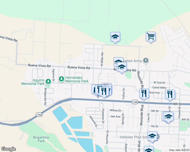 map of restaurants, bars, coffee shops, grocery stores, and more near 101 North Gonzalez Drive in Hollister