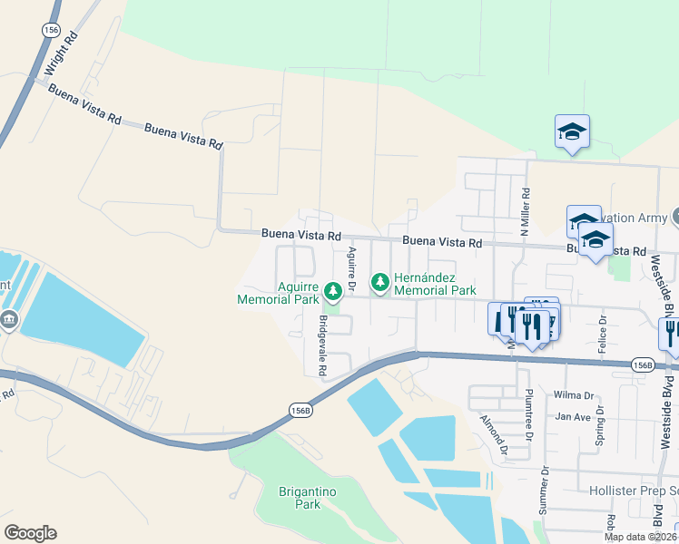 map of restaurants, bars, coffee shops, grocery stores, and more near 281 Bridgevale Road in Hollister