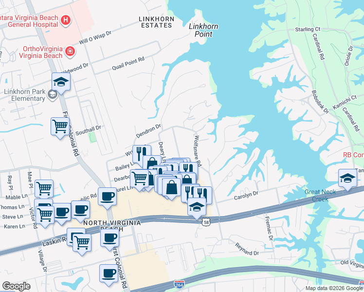 map of restaurants, bars, coffee shops, grocery stores, and more near 1525 Wolfsnare Road in Virginia Beach