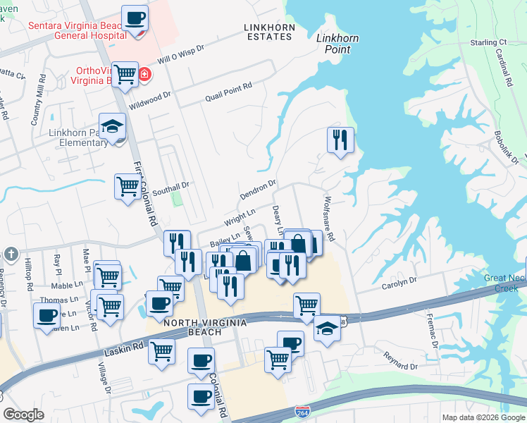 map of restaurants, bars, coffee shops, grocery stores, and more near 1609 Wright Lane in Virginia Beach