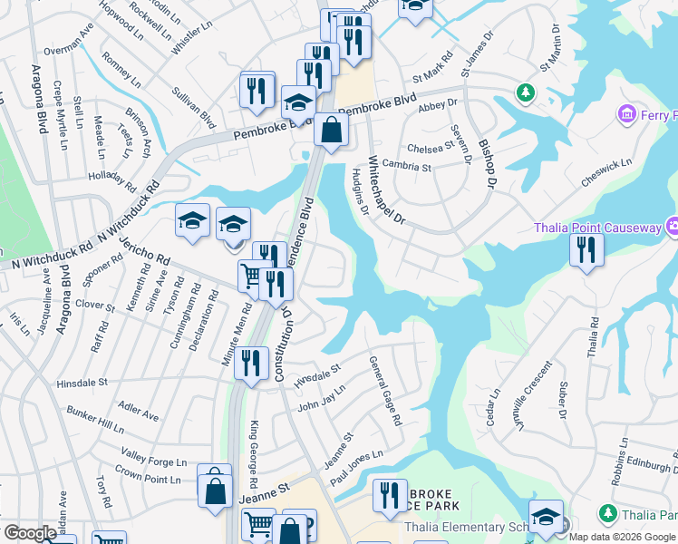 map of restaurants, bars, coffee shops, grocery stores, and more near 608 Hessian Road in Virginia Beach