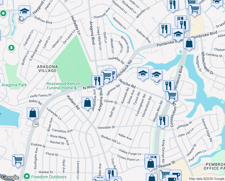 map of restaurants, bars, coffee shops, grocery stores, and more near 682 Spooner Road in Virginia Beach