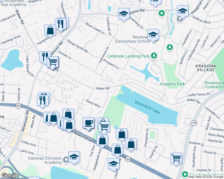 map of restaurants, bars, coffee shops, grocery stores, and more near 5417 Trumpet Vine Court in Virginia Beach