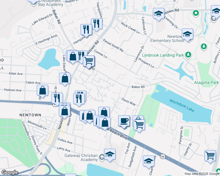 map of restaurants, bars, coffee shops, grocery stores, and more near 605 Spirit Court in Virginia Beach