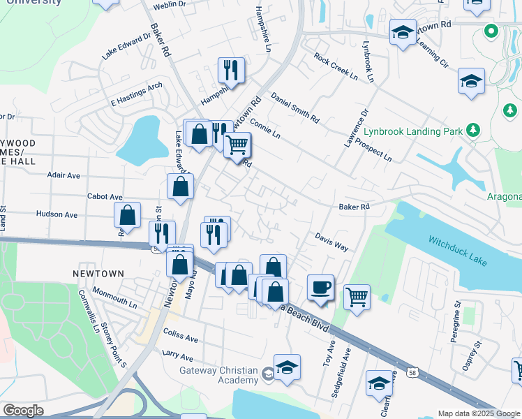 map of restaurants, bars, coffee shops, grocery stores, and more near 541 Landfall Drive in Virginia Beach