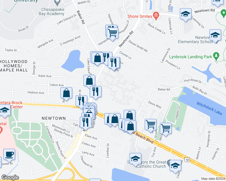 map of restaurants, bars, coffee shops, grocery stores, and more near 533 Landfall Arch in Virginia Beach