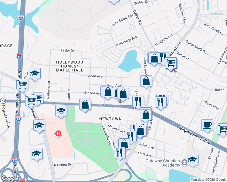 map of restaurants, bars, coffee shops, grocery stores, and more near 6530 Hudson Avenue in Norfolk