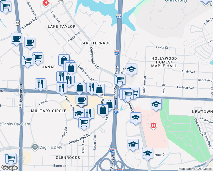 map of restaurants, bars, coffee shops, grocery stores, and more near 6112 Lockamy Lane in Norfolk