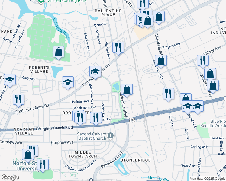 map of restaurants, bars, coffee shops, grocery stores, and more near 1260 Godfrey Avenue in Norfolk