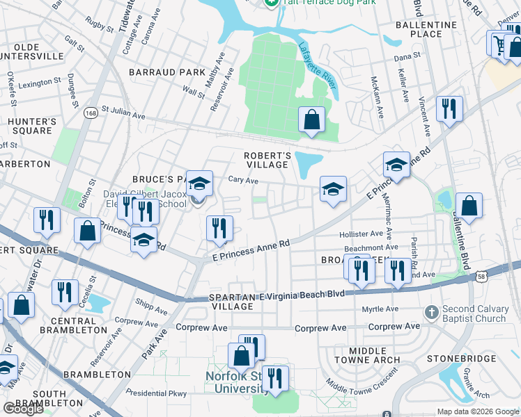 map of restaurants, bars, coffee shops, grocery stores, and more near 1331 Herbert Collins Way in Norfolk
